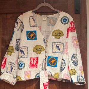 Rachel Zoe Ivory Patchwork Print Button-Front Top with Tie